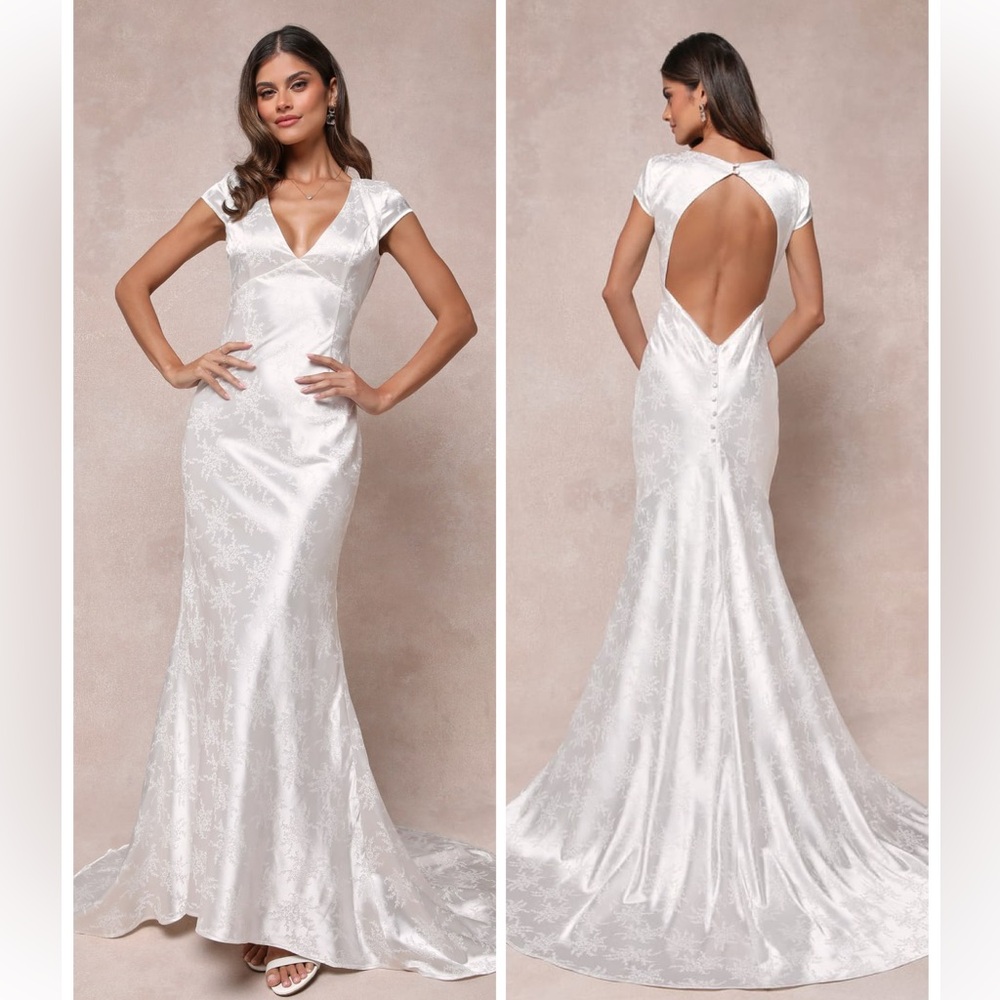 Lulus Loveliest Dream White Satin Jacquard Backless Mermaid Maxi Dress Medium